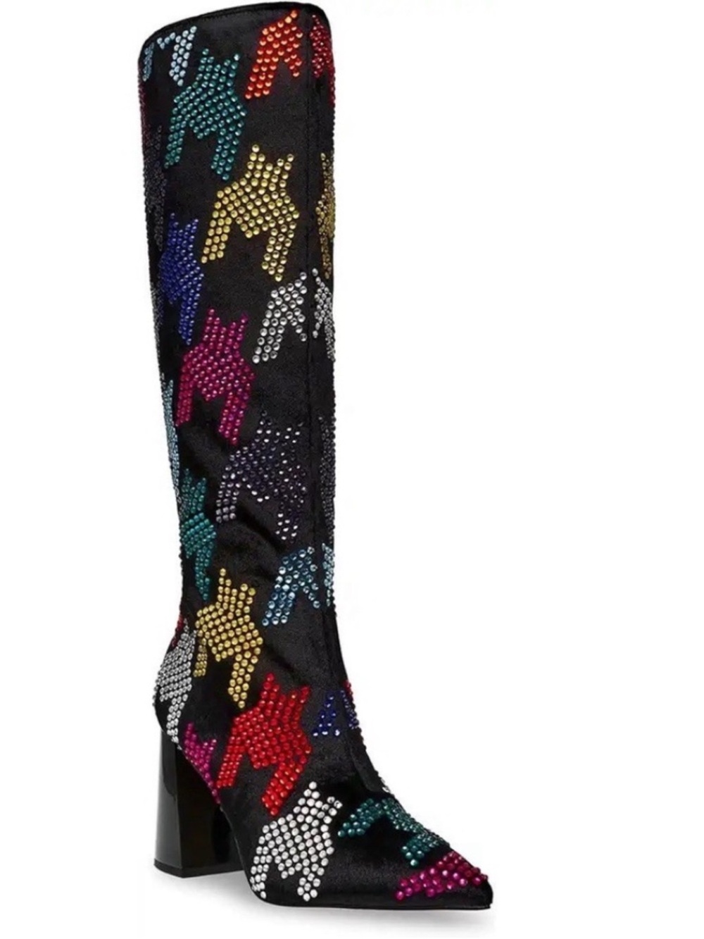 Betsey Johnson Black Knee-High Block Heel Boots with Multi-Color Crystal Motifs